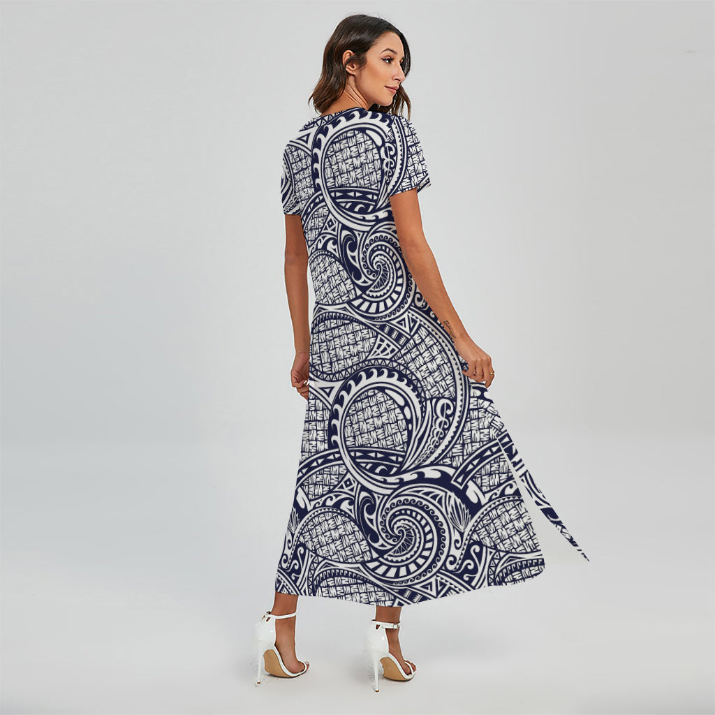 Blue Maori Polynesian Tribal Print Short Sleeve Maxi Dress