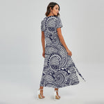 Blue Maori Polynesian Tribal Print Short Sleeve Maxi Dress