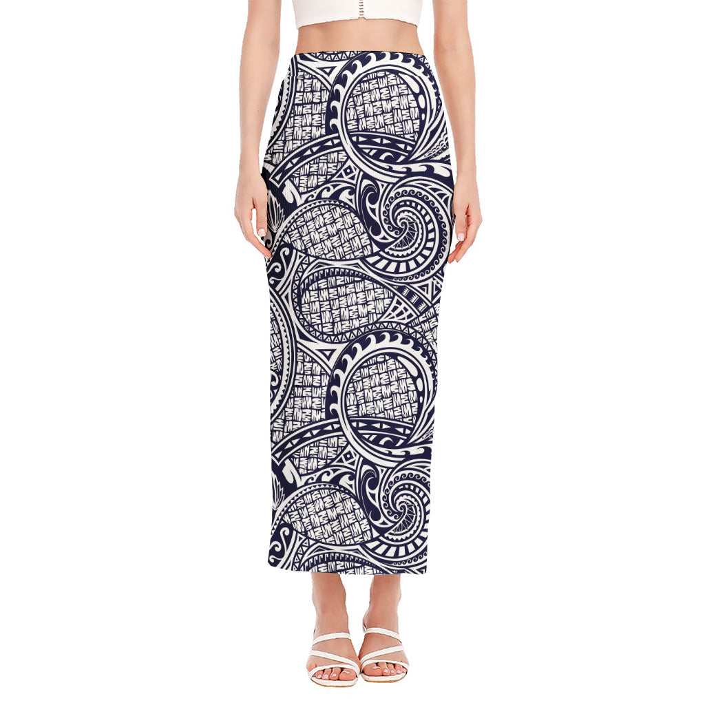 Blue Maori Polynesian Tribal Print Side Slit Maxi Skirt