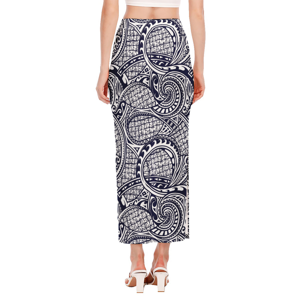 Blue Maori Polynesian Tribal Print Side Slit Maxi Skirt