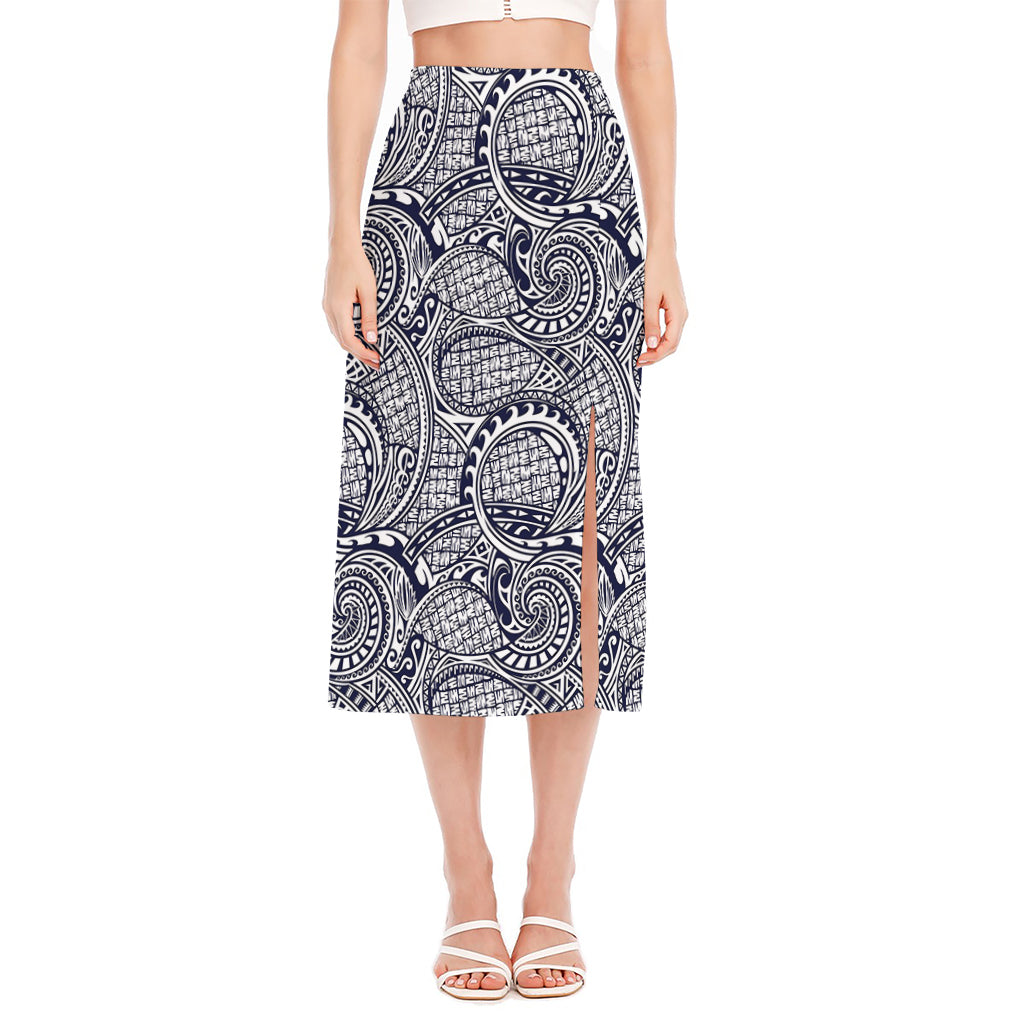 Blue Maori Polynesian Tribal Print Side Slit Midi Skirt