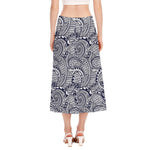 Blue Maori Polynesian Tribal Print Side Slit Midi Skirt