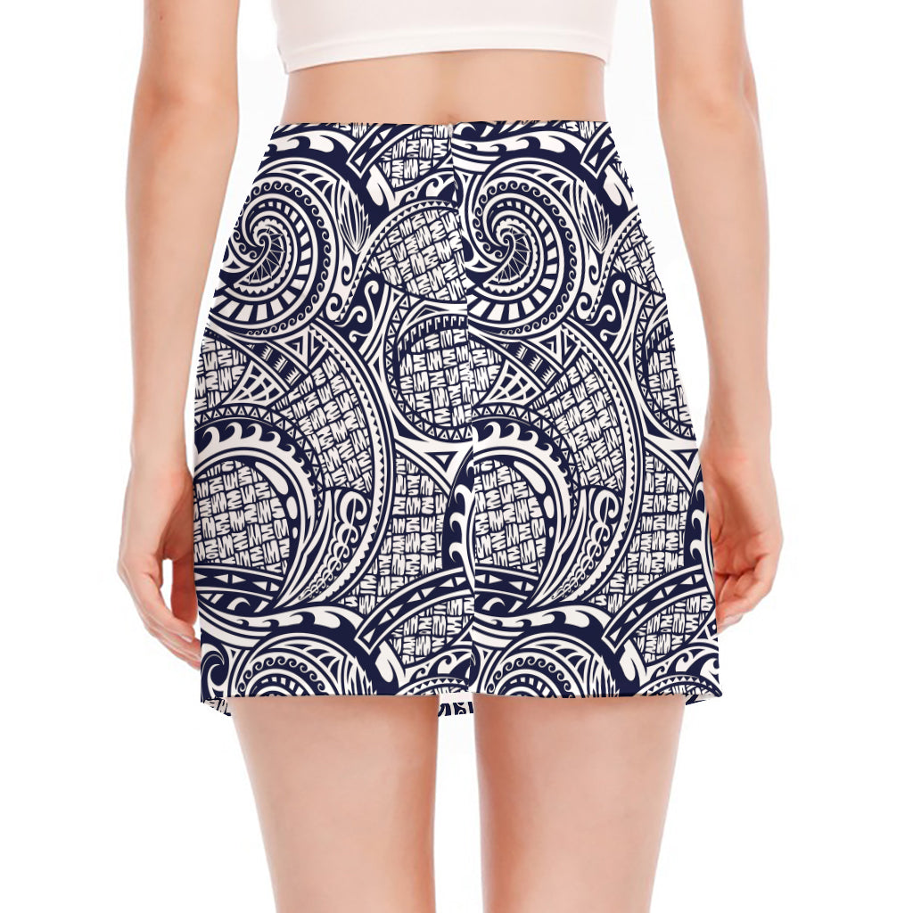 Blue Maori Polynesian Tribal Print Side Slit Mini Skirt