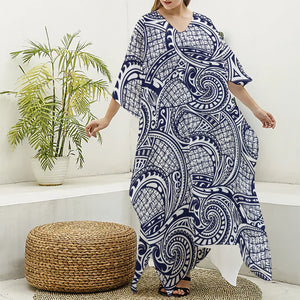 Blue Maori Polynesian Tribal Print Silk V-Neck Kaftan Dress