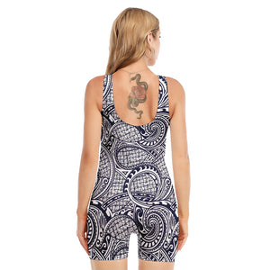 Blue Maori Polynesian Tribal Print Sleeveless One Piece Swimsuit