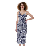 Blue Maori Polynesian Tribal Print Slim Fit Midi Cami Dress