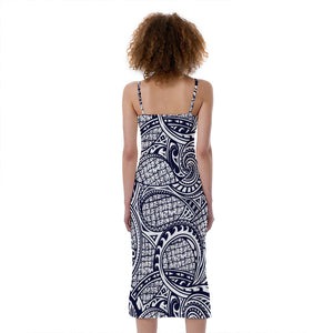 Blue Maori Polynesian Tribal Print Slim Fit Midi Cami Dress