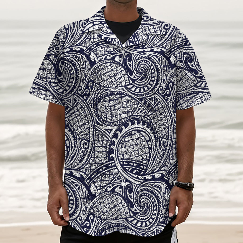 Blue Maori Polynesian Tribal Print Textured Short Sleeve Shirt