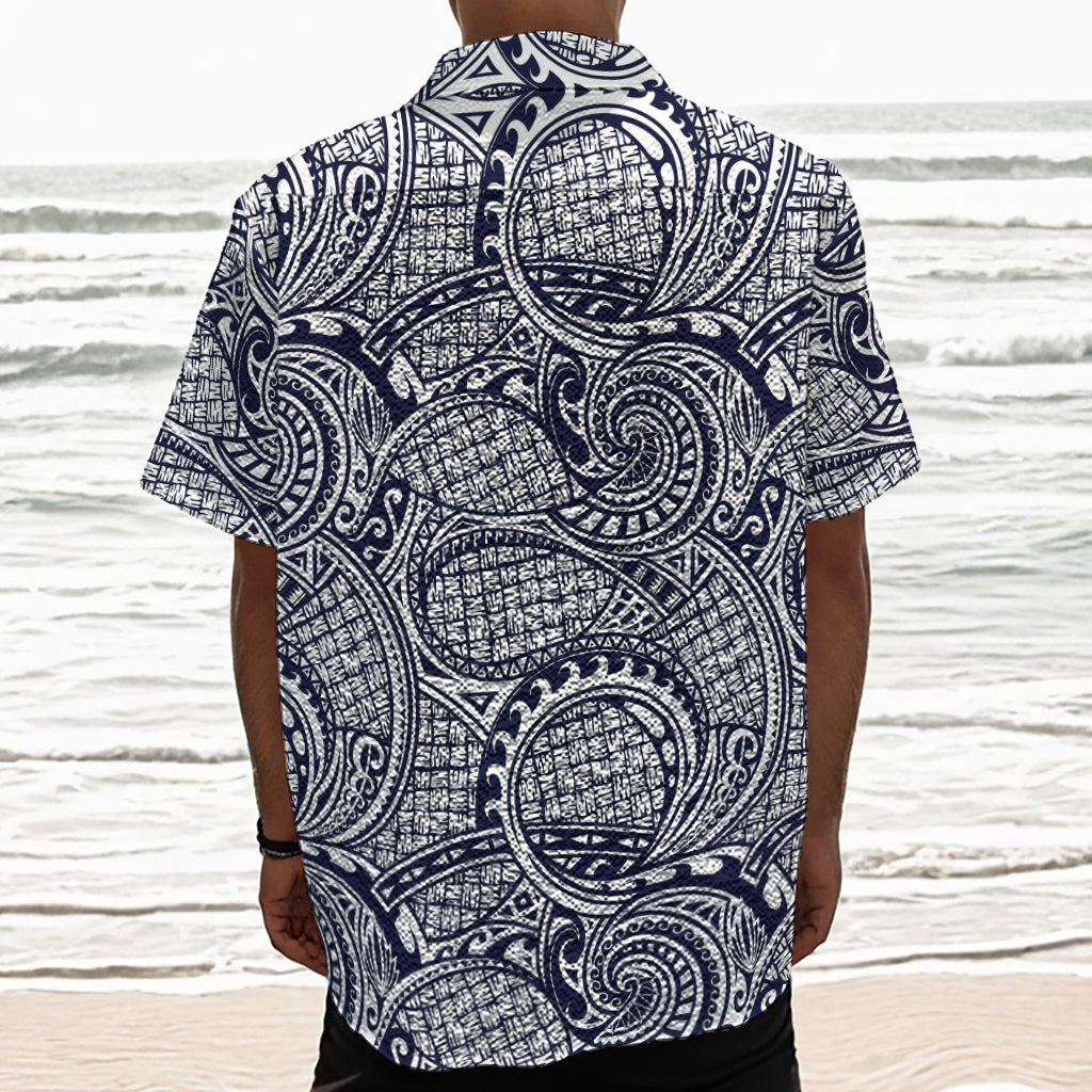 Blue Maori Polynesian Tribal Print Textured Short Sleeve Shirt