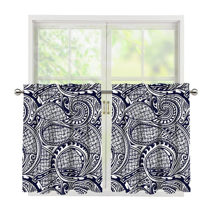Blue Maori Polynesian Tribal Print Tier Curtains