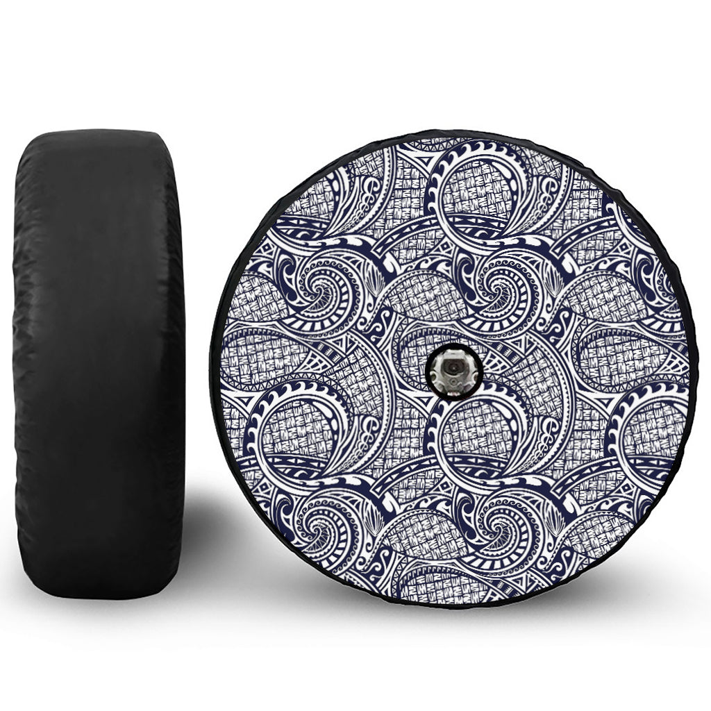 Blue Maori Polynesian Tribal Print Tire Cover With Camera Hole