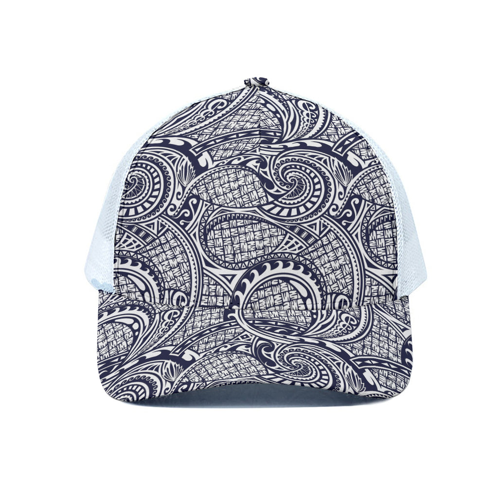 Blue Maori Polynesian Tribal Print White Mesh Trucker Cap