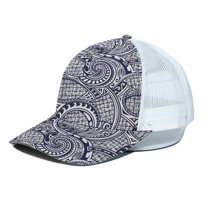 Blue Maori Polynesian Tribal Print White Mesh Trucker Cap