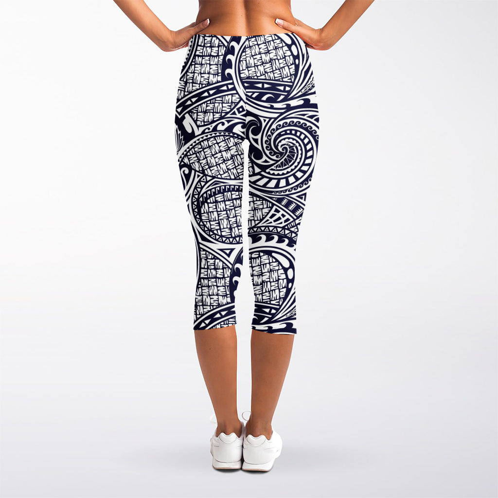 Blue Maori Polynesian Tribal Print Women's Capri Leggings