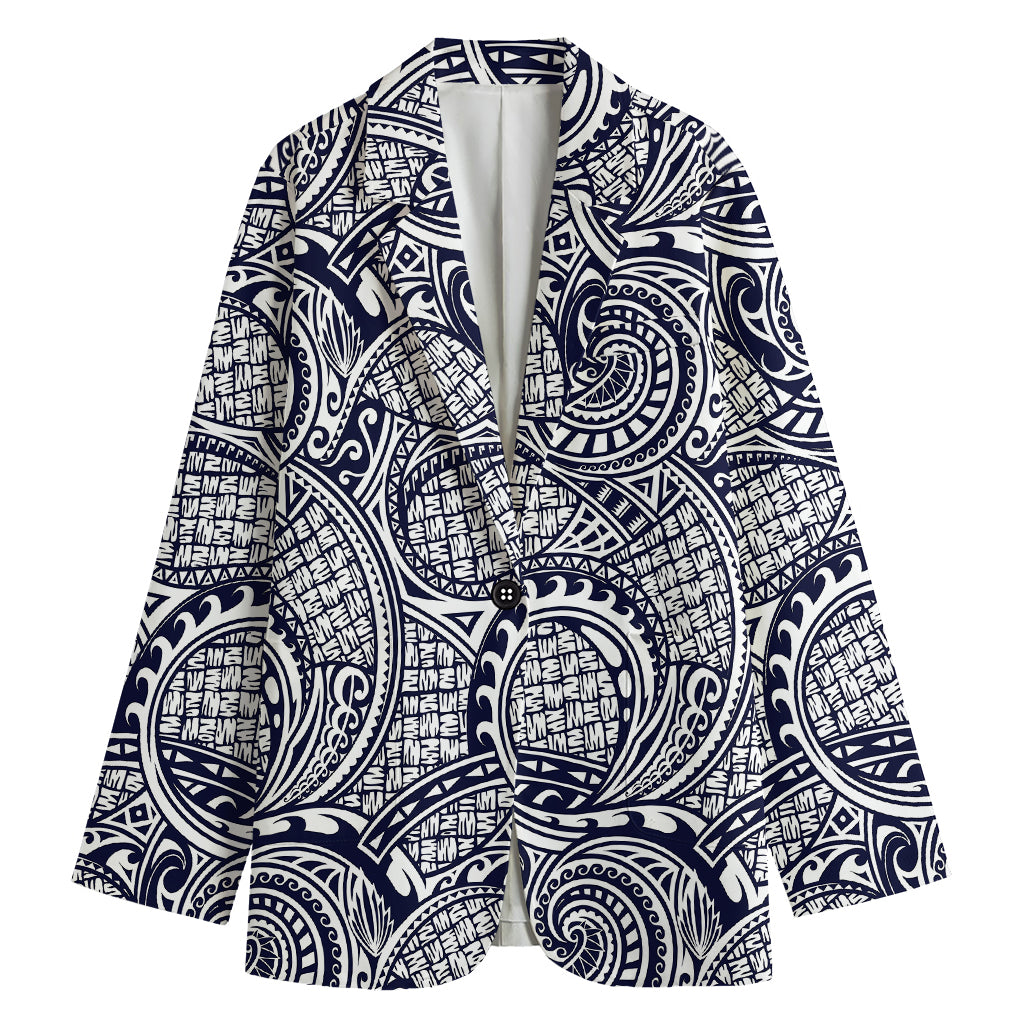 Blue Maori Polynesian Tribal Print Women's Cotton Blazer