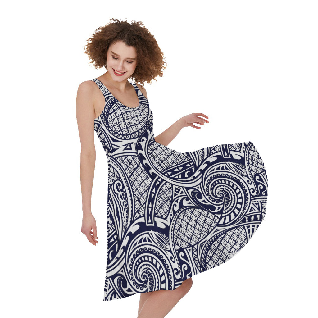 Blue Maori Polynesian Tribal Print Women's Sleeveless Dress