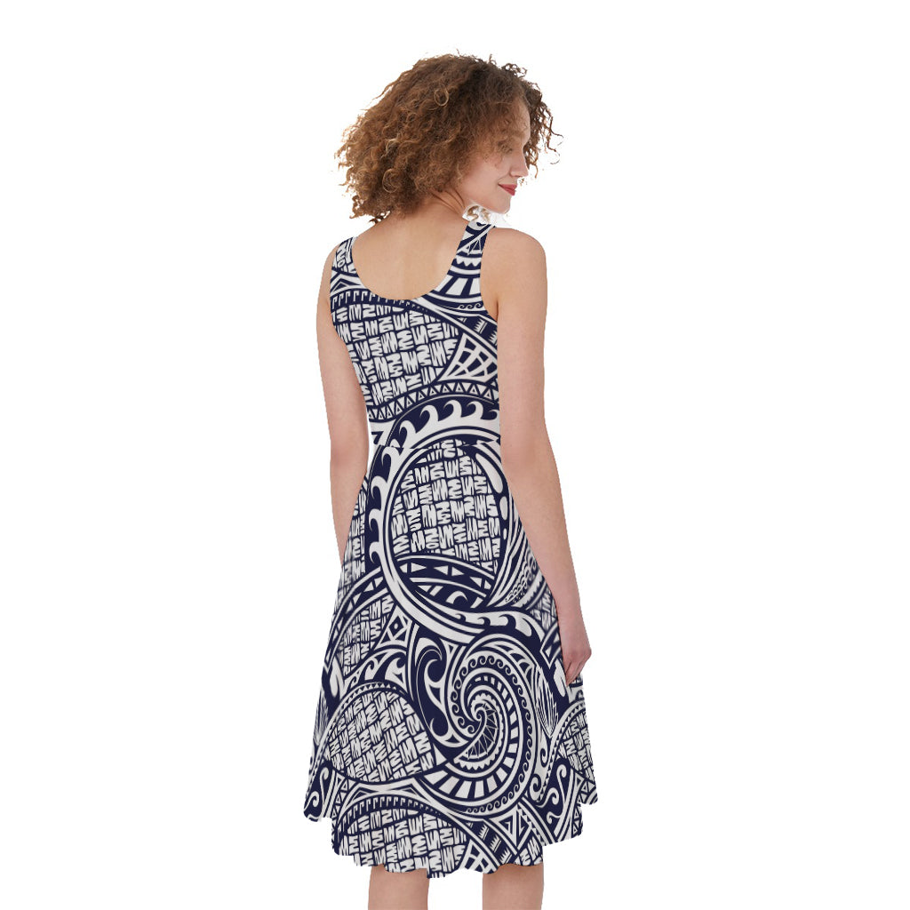 Blue Maori Polynesian Tribal Print Women's Sleeveless Dress