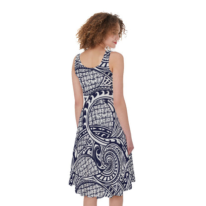 Blue Maori Polynesian Tribal Print Women's Sleeveless Dress