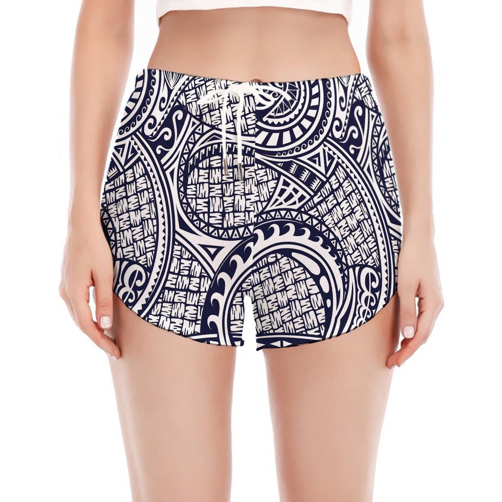 Blue Maori Polynesian Tribal Print Women's Split Running Shorts