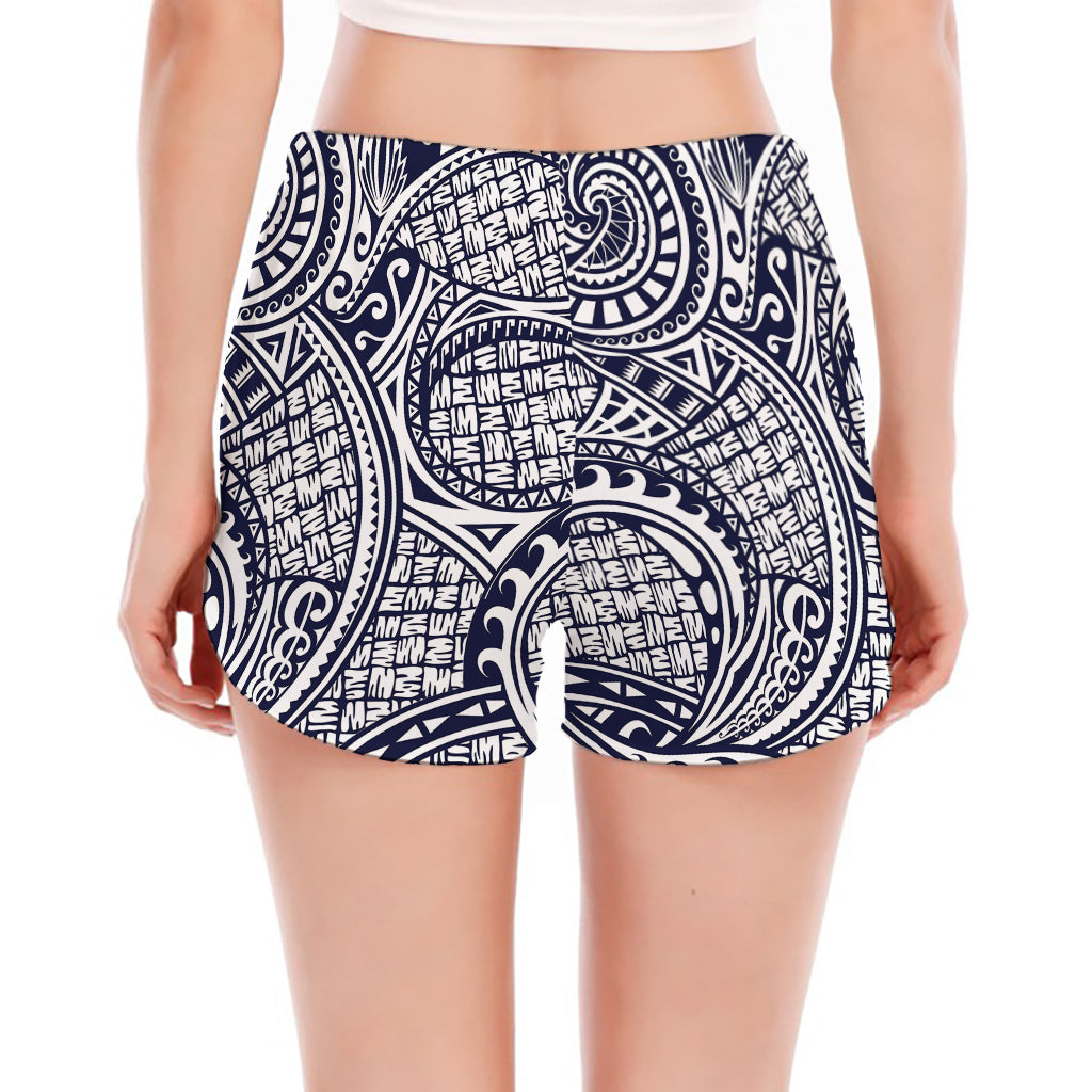 Blue Maori Polynesian Tribal Print Women's Split Running Shorts