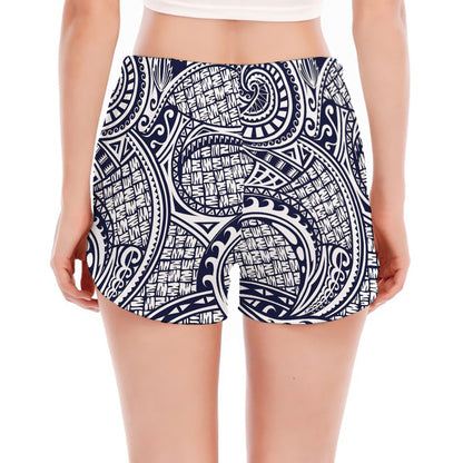 Blue Maori Polynesian Tribal Print Women's Split Running Shorts