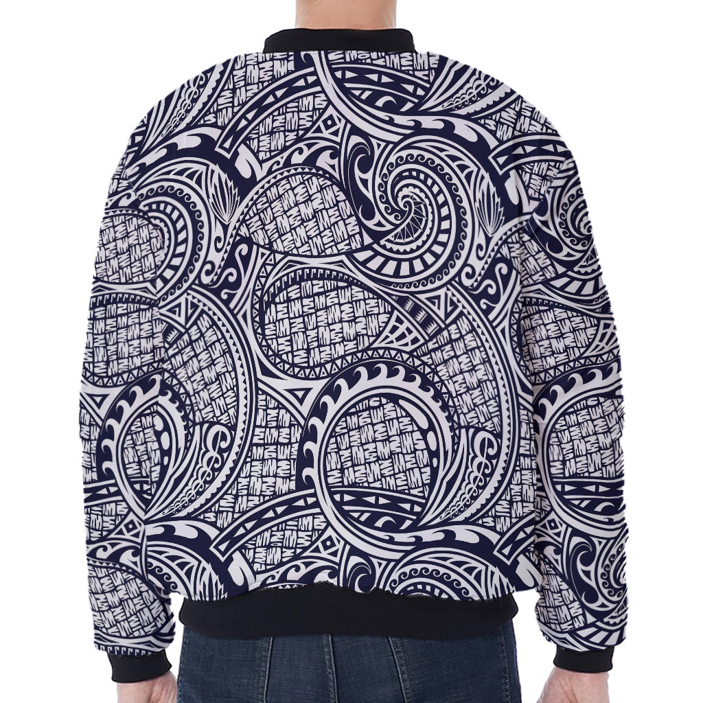 Blue Maori Polynesian Tribal Print Zip Sleeve Bomber Jacket