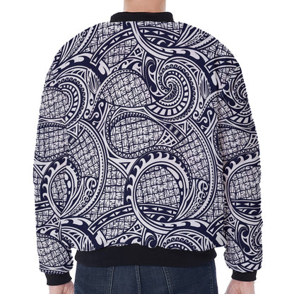 Blue Maori Polynesian Tribal Print Zip Sleeve Bomber Jacket
