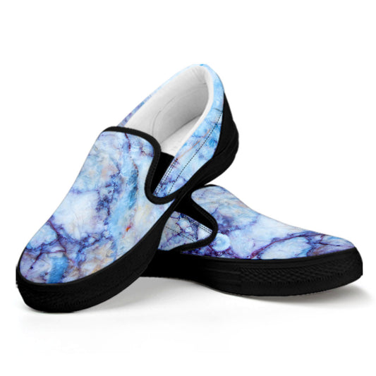 Blue Marble Print Black Slip On Sneakers