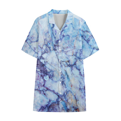 Blue Marble Print Cotton Hawaiian Shirt