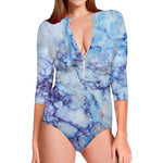 Blue Marble Print Long Sleeve Swimsuit