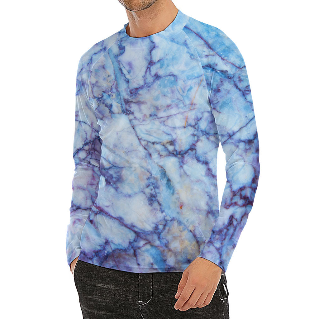 Blue Marble Print Men's Long Sleeve Rash Guard