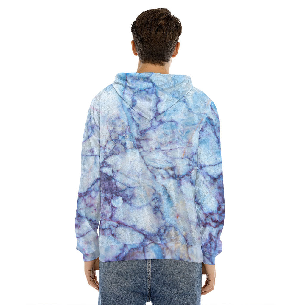 Blue Marble Print Men's Velvet Pullover Hoodie