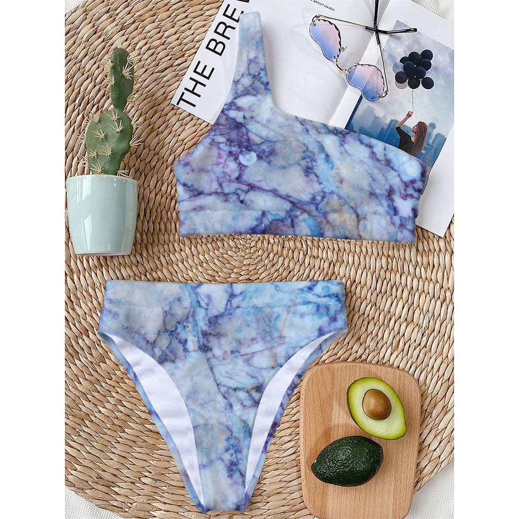 Blue Marble Print One Shoulder Bikini Top