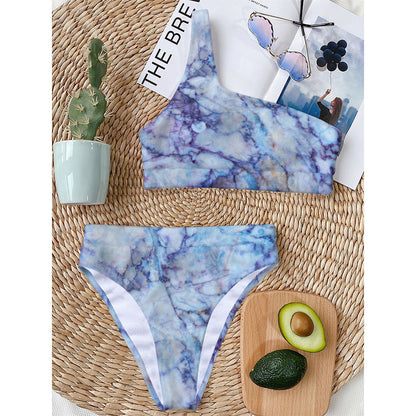 Blue Marble Print One Shoulder Bikini Top