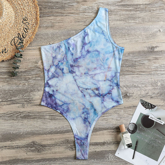 Blue Marble Print One Shoulder Bodysuit