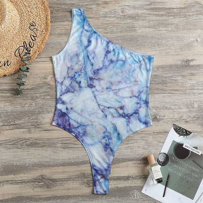 Blue Marble Print One Shoulder Bodysuit
