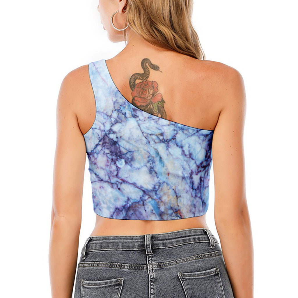 Blue Marble Print One Shoulder Crop Top