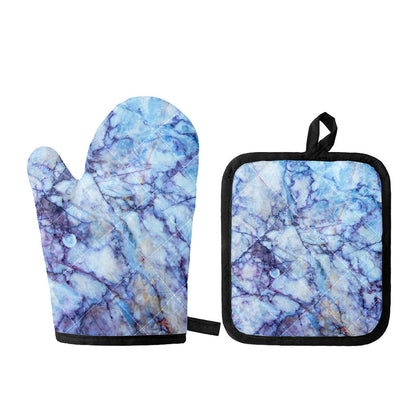 Blue Marble Print Oven Mitt And Pot Holder Set