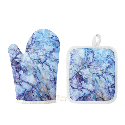 Blue Marble Print Oven Mitt And Pot Holder Set