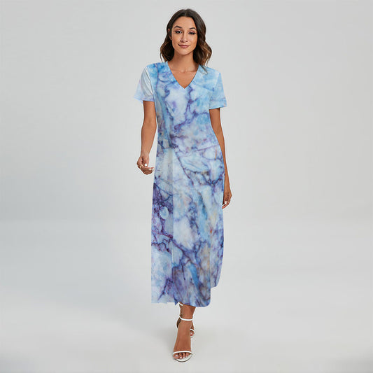 Blue Marble Print Short Sleeve Maxi Dress
