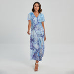 Blue Marble Print Short Sleeve Maxi Dress