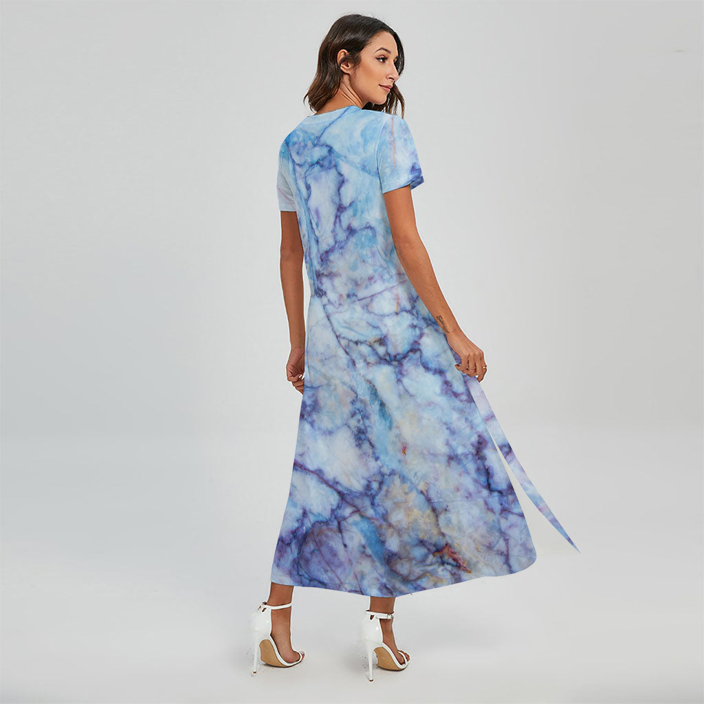 Blue Marble Print Short Sleeve Maxi Dress Blue Marble Print Short Sleeve Maxi Dress