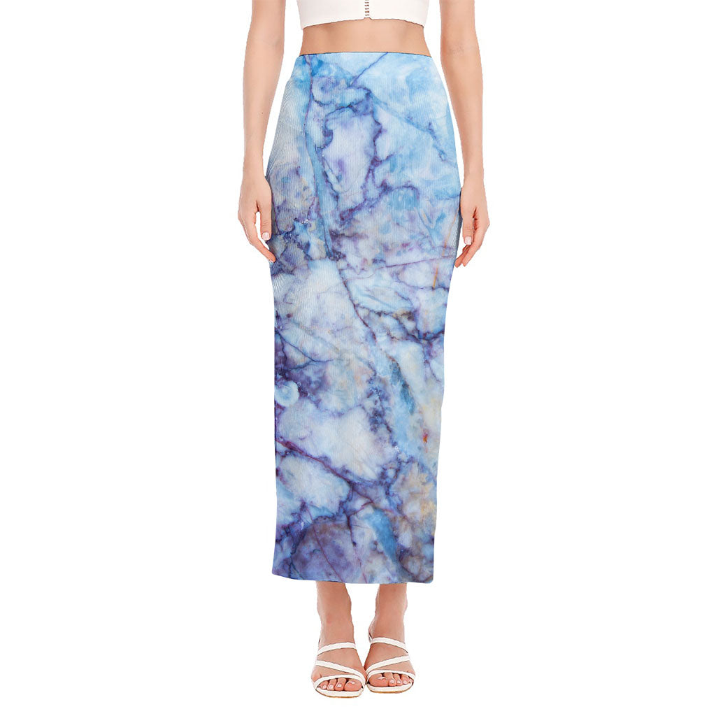 Blue Marble Print Side Slit Maxi Skirt