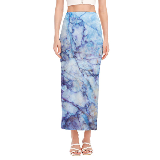 Blue Marble Print Side Slit Maxi Skirt