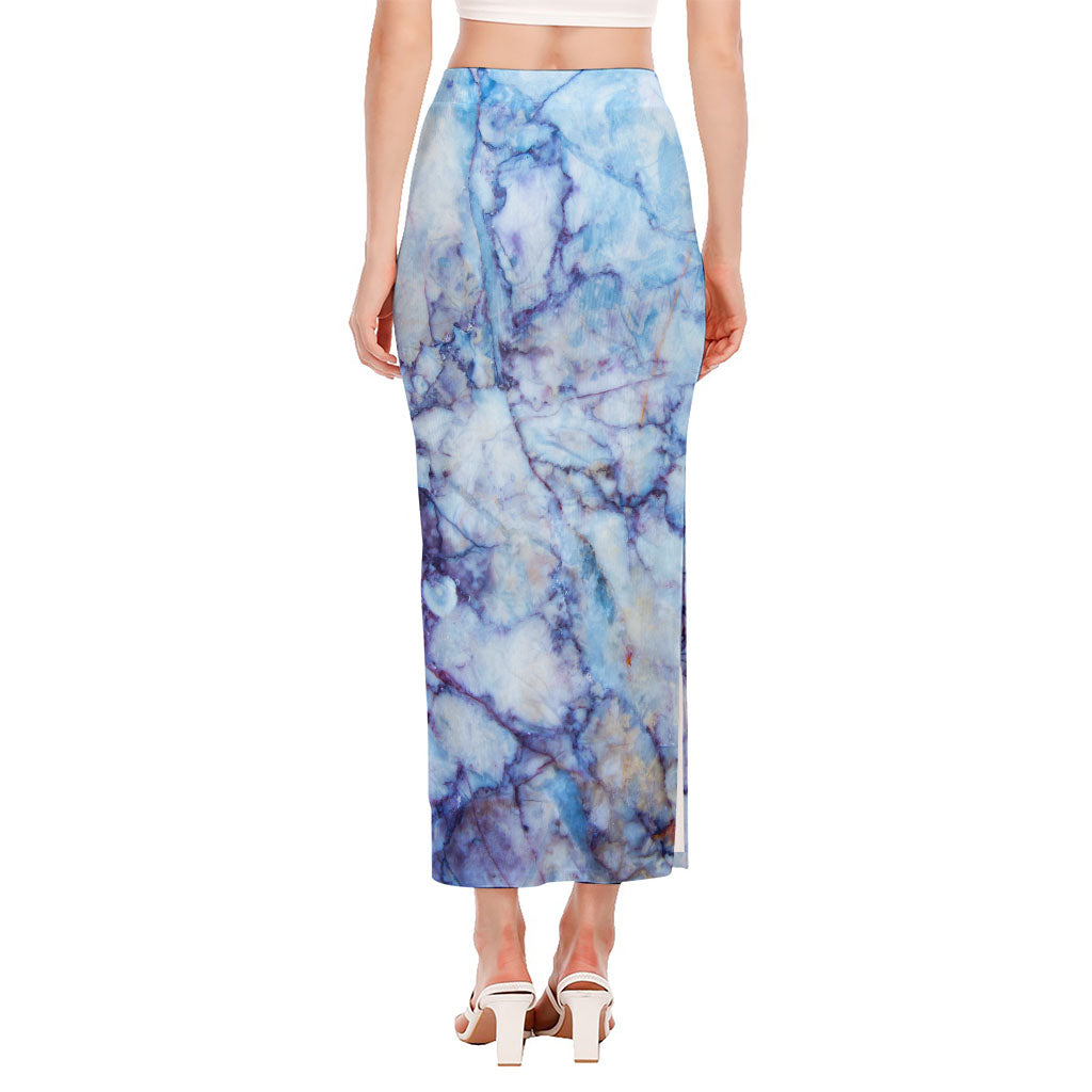 Blue Marble Print Side Slit Maxi Skirt