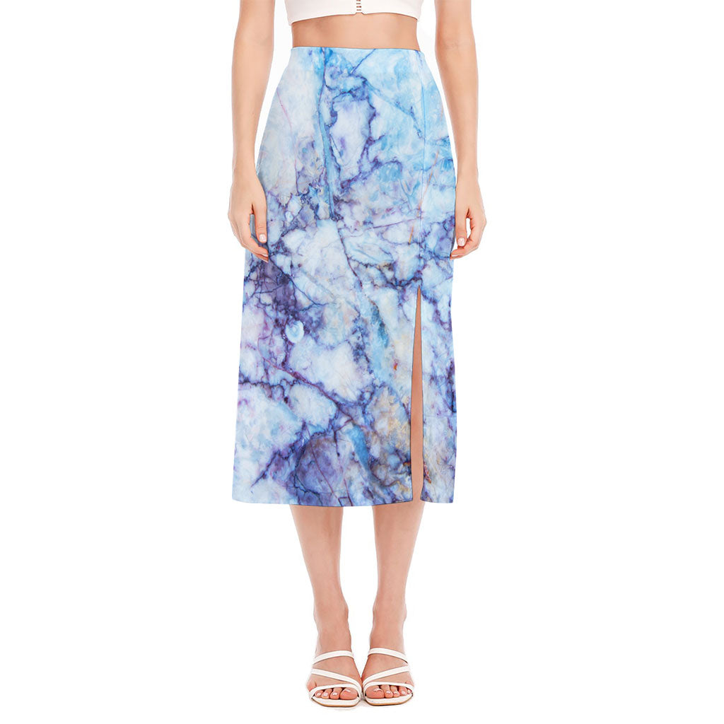 Blue Marble Print Side Slit Midi Skirt