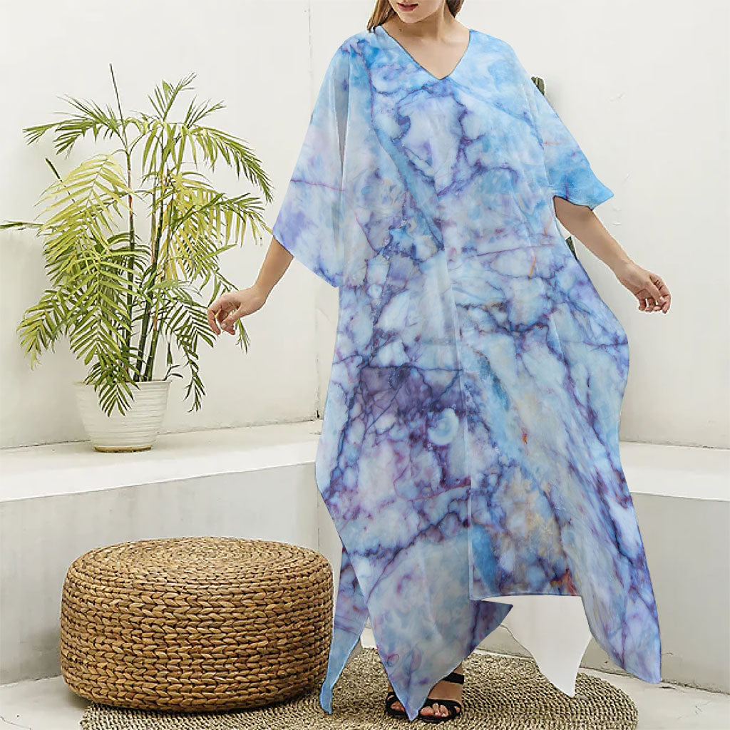 Blue Marble Print Silk V-Neck Kaftan Dress
