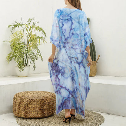 Blue Marble Print Silk V-Neck Kaftan Dress