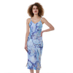 Blue Marble Print Slim Fit Midi Cami Dress