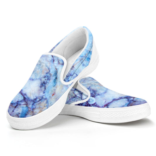 Blue Marble Print White Slip On Sneakers
